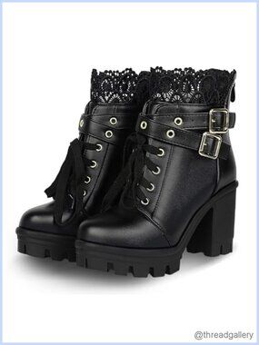 Women's Lace Up Chunky Ankle Boots Platform Gothic Faux Leather